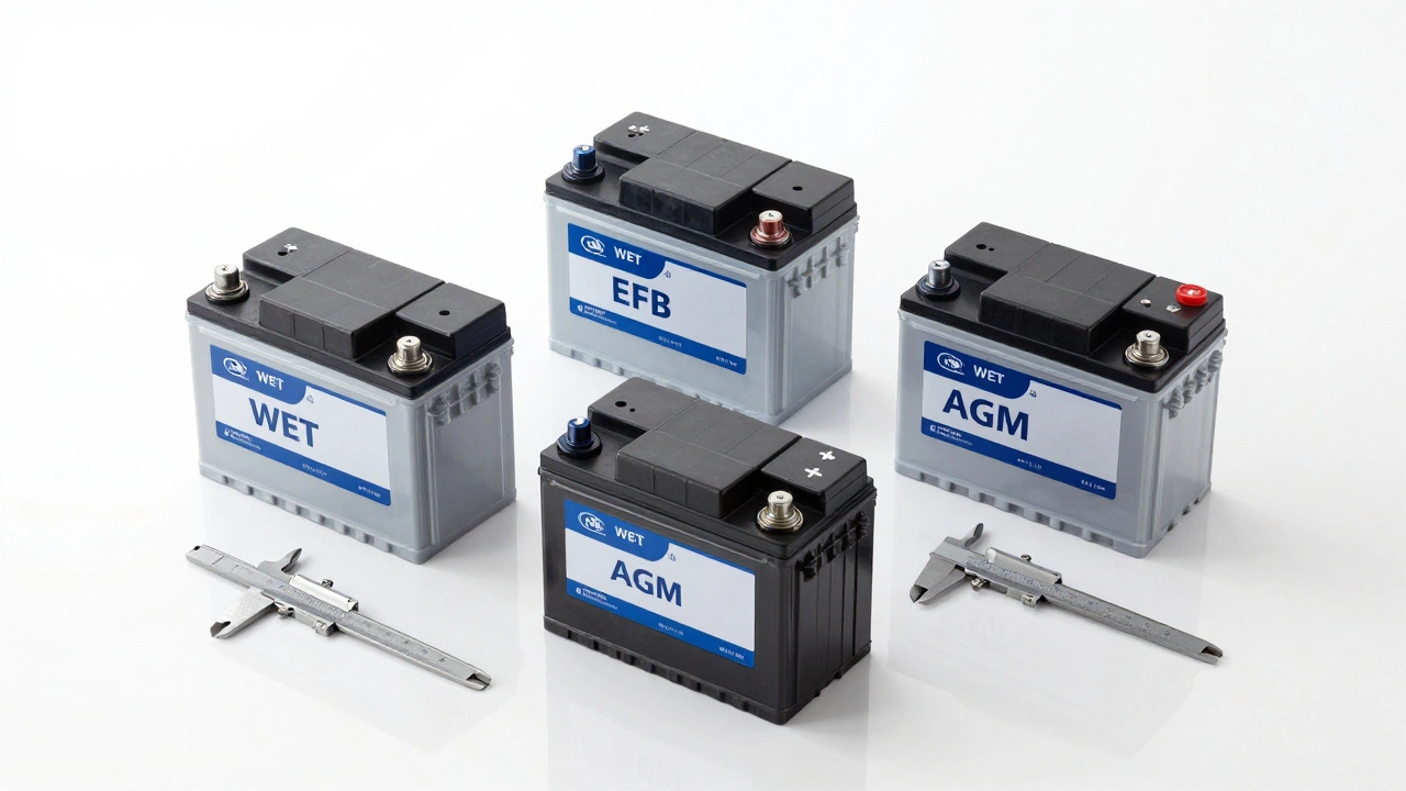 Три типа автомобильных аккумуляторов и штангенциркуль для замера размеров