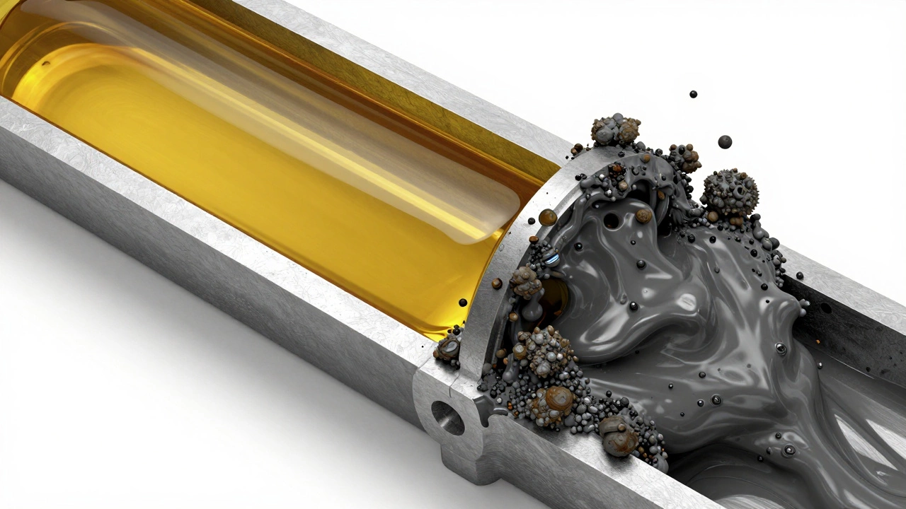 Забитый масляный канал двигателя из-за скопления частиц химических присадок