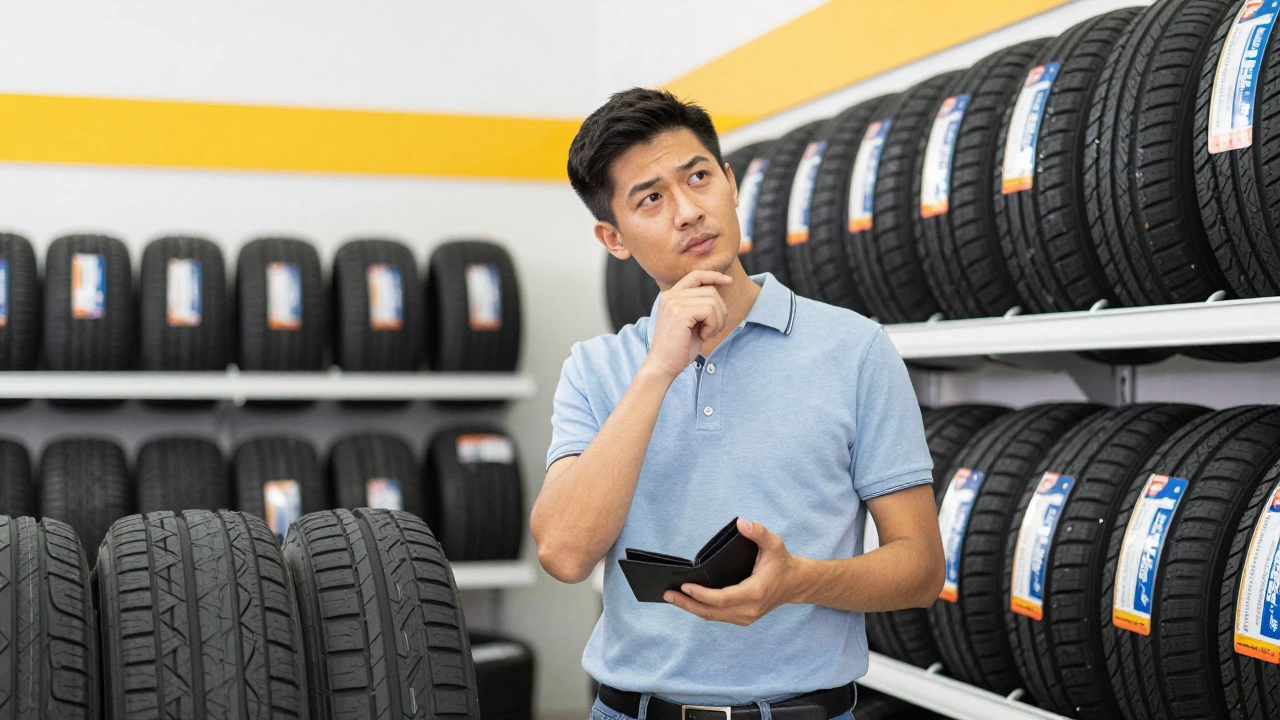 Driver choosing tires in a brightly lit auto shop