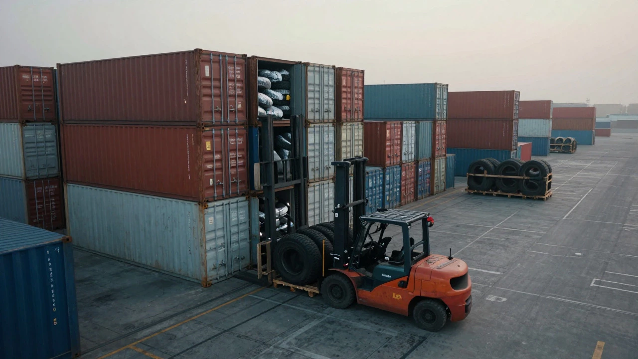Logistics yard with containers and stacked tires in fog